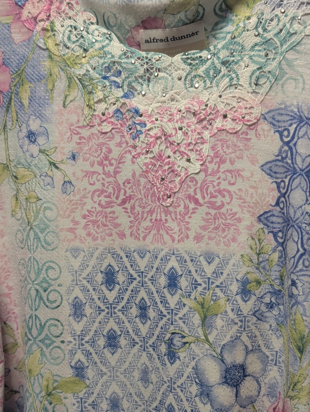 Alfred Dunner Pastel Floral Patchwork Lace-Trim Top